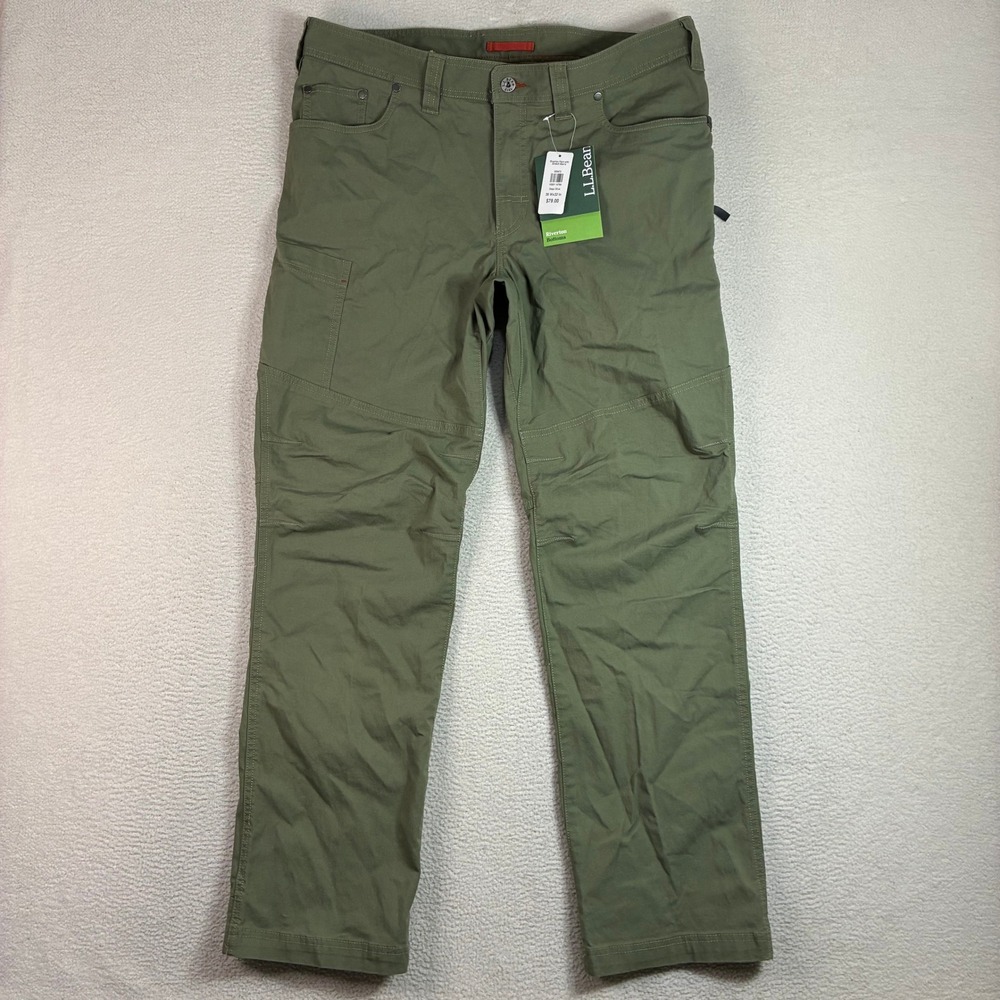 LL Bean Riverton Pants Men 36x32 Green Canvas Stretch Hiking Outdoor Trail NWT